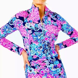 Lilly Pulitzer Justine Crop Half Zip UPF High Tide Navy In Turtle Amazement Sz M